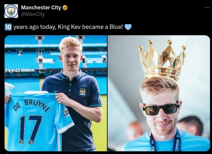 星空体育在线入口-传奇开始，曼城官推晒照：10年前今天，国王德布劳内成为球队一员